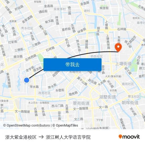 浙大紫金港校区 to 浙江树人大学语言学院 map