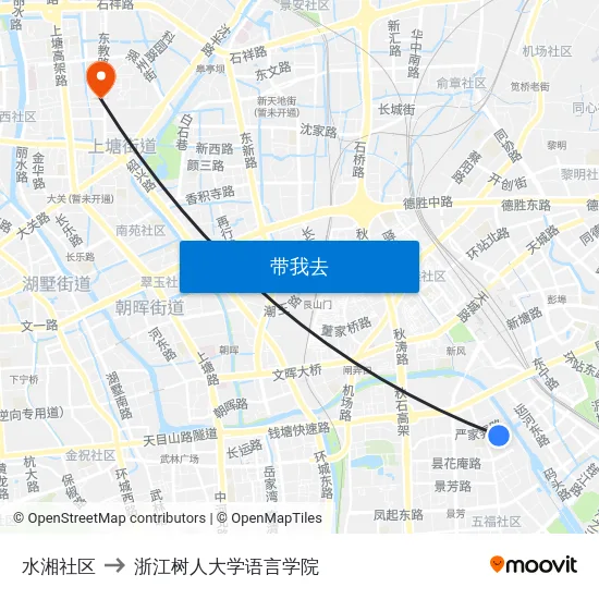 水湘社区 to 浙江树人大学语言学院 map