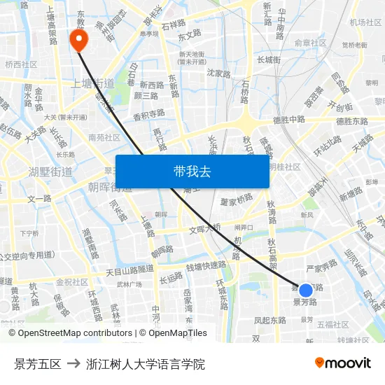 景芳五区 to 浙江树人大学语言学院 map
