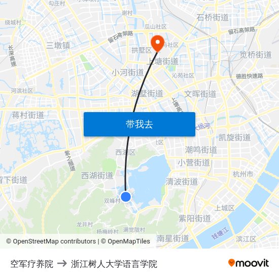 空军疗养院 to 浙江树人大学语言学院 map