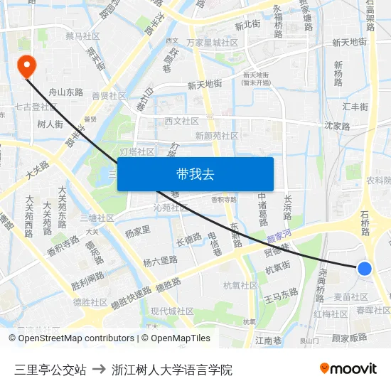 三里亭公交站 to 浙江树人大学语言学院 map
