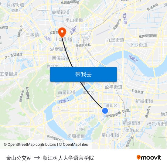 金山公交站 to 浙江树人大学语言学院 map