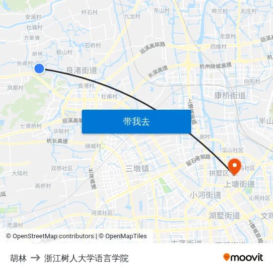 胡林 to 浙江树人大学语言学院 map