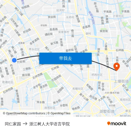 同仁家园 to 浙江树人大学语言学院 map