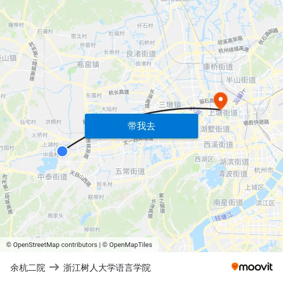 余杭二院 to 浙江树人大学语言学院 map
