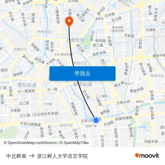 中北桥南 to 浙江树人大学语言学院 map