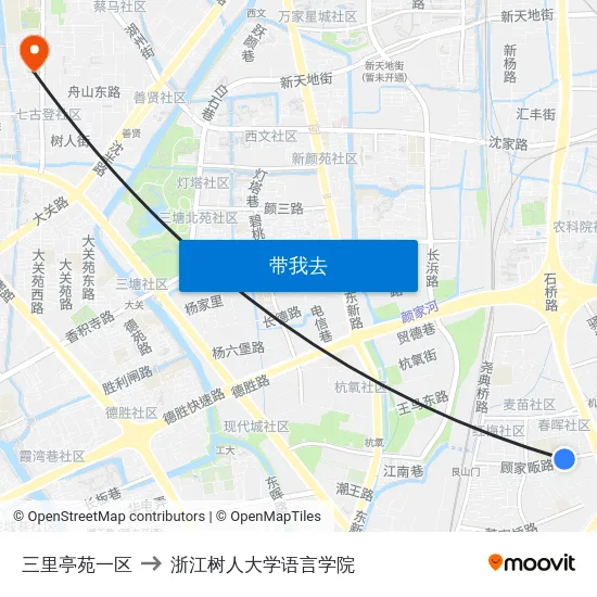 三里亭苑一区 to 浙江树人大学语言学院 map