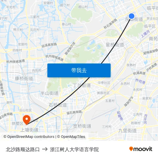 北沙路顺达路口 to 浙江树人大学语言学院 map