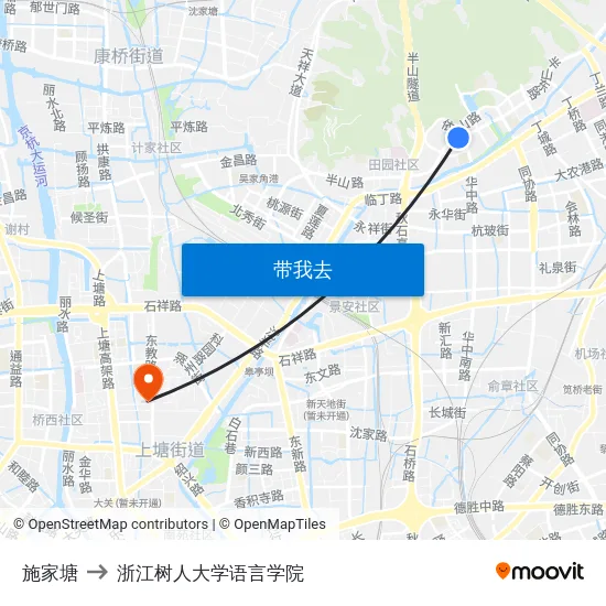 施家塘 to 浙江树人大学语言学院 map