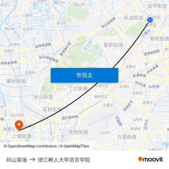 邱山菜场 to 浙江树人大学语言学院 map