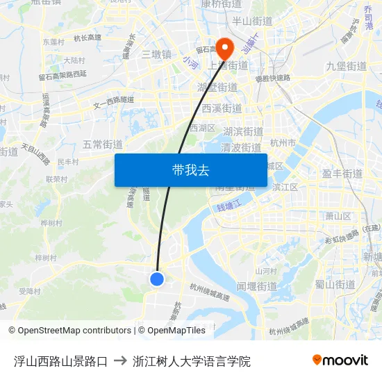 浮山西路山景路口 to 浙江树人大学语言学院 map