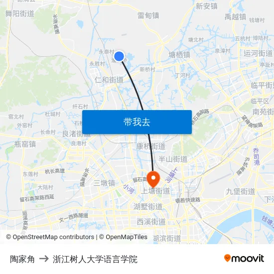 陶家角 to 浙江树人大学语言学院 map