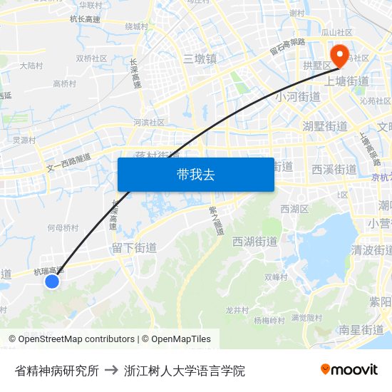省精神病研究所 to 浙江树人大学语言学院 map