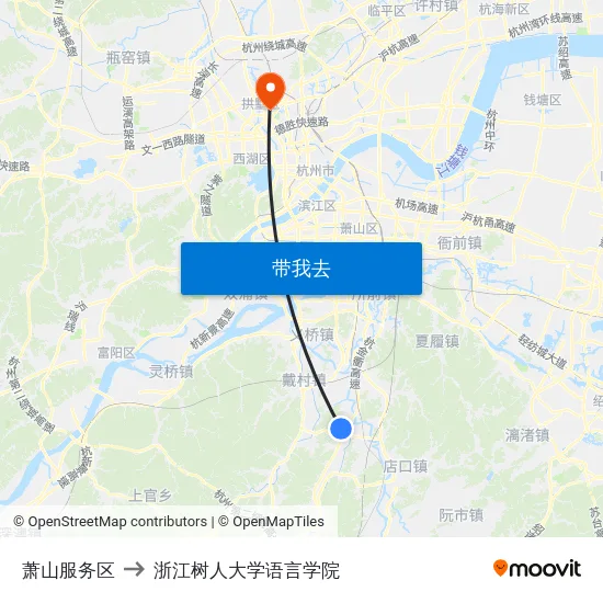 萧山服务区 to 浙江树人大学语言学院 map