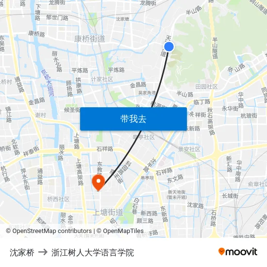 沈家桥 to 浙江树人大学语言学院 map