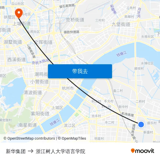 新华集团 to 浙江树人大学语言学院 map