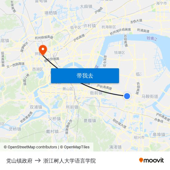 党山镇政府 to 浙江树人大学语言学院 map