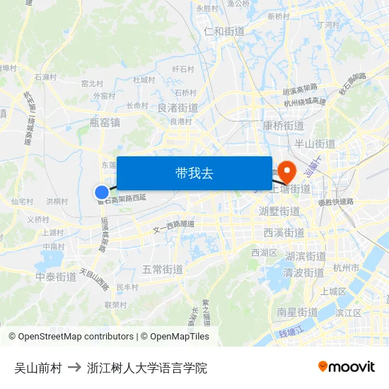 吴山前村 to 浙江树人大学语言学院 map