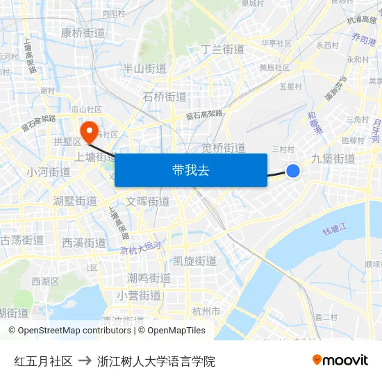 红五月社区 to 浙江树人大学语言学院 map