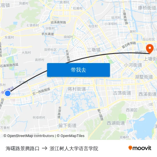 海曙路景腾路口 to 浙江树人大学语言学院 map