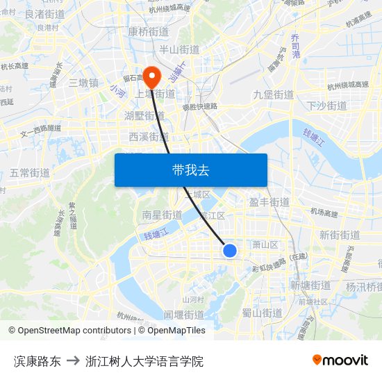 滨康路东 to 浙江树人大学语言学院 map