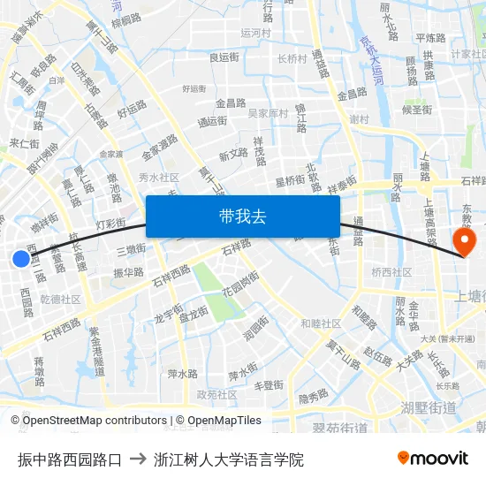 振中路西园路口 to 浙江树人大学语言学院 map