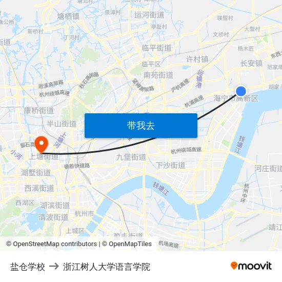 盐仓学校 to 浙江树人大学语言学院 map