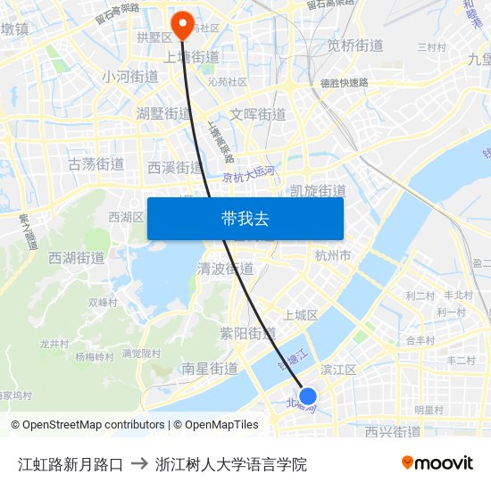 江虹路新月路口 to 浙江树人大学语言学院 map