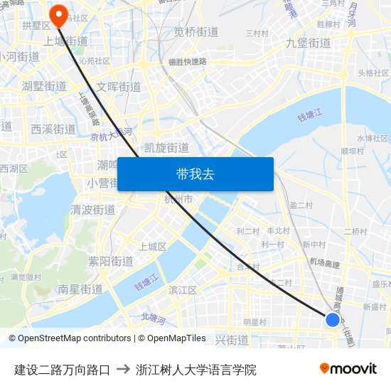 建设二路万向路口 to 浙江树人大学语言学院 map