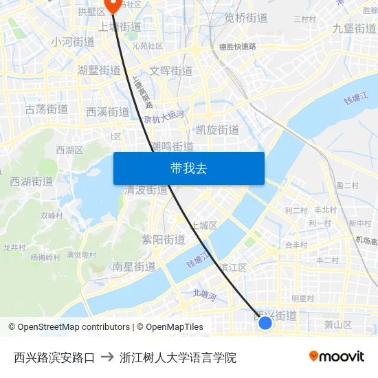 西兴路滨安路口 to 浙江树人大学语言学院 map
