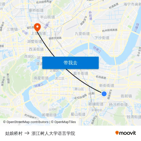 姑娘桥村 to 浙江树人大学语言学院 map