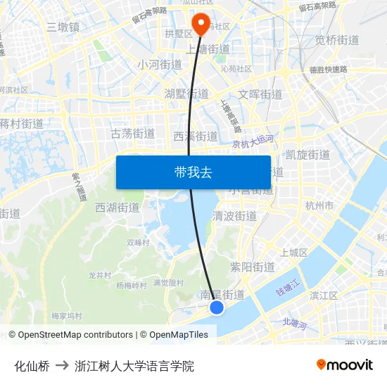 化仙桥 to 浙江树人大学语言学院 map