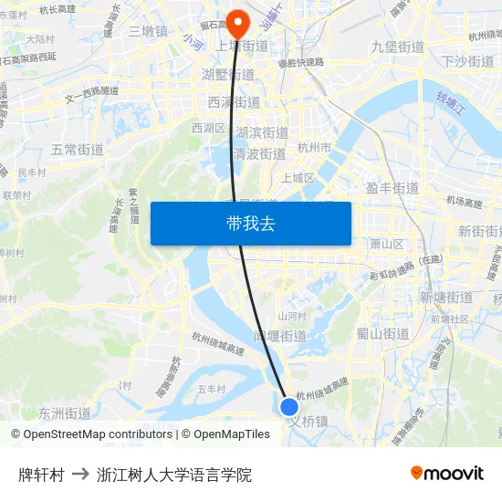 牌轩村 to 浙江树人大学语言学院 map