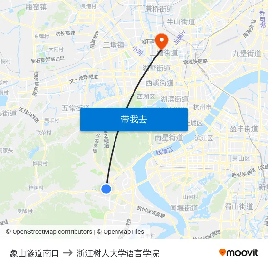 象山隧道南口 to 浙江树人大学语言学院 map