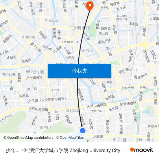 少年宫 to 浙江大学城市学院 Zhejiang University City College map