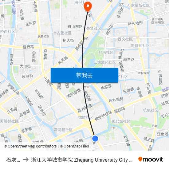 石灰坝 to 浙江大学城市学院 Zhejiang University City College map