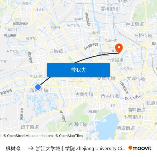 枫树湾河桥 to 浙江大学城市学院 Zhejiang University City College map
