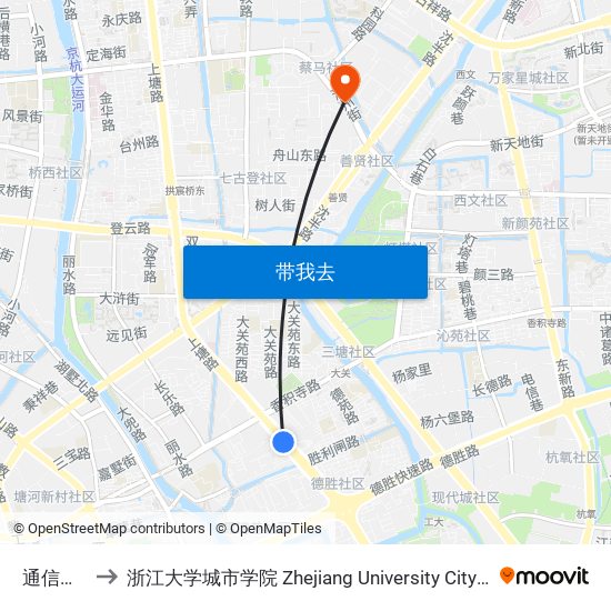 通信市场 to 浙江大学城市学院 Zhejiang University City College map