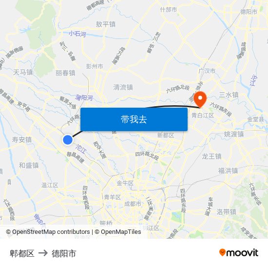 郫都区 to 德阳市 map