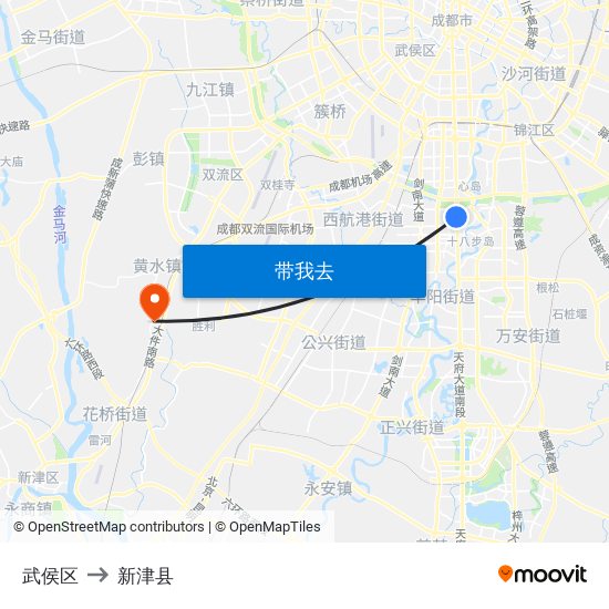 武侯区 to 新津县 map