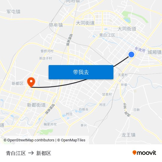 青白江区 to 新都区 map