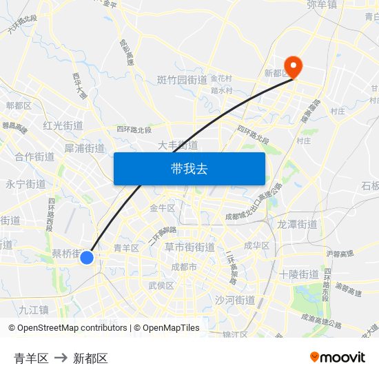 青羊区 to 新都区 map