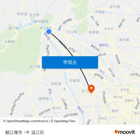 都江堰市 to 温江区 map