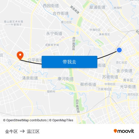 金牛区 to 温江区 map