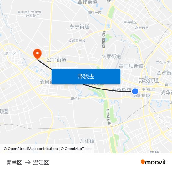 青羊区 to 温江区 map