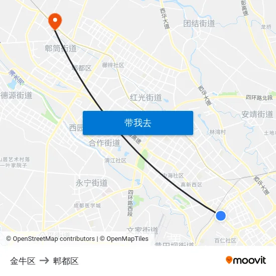 金牛区 to 郫都区 map
