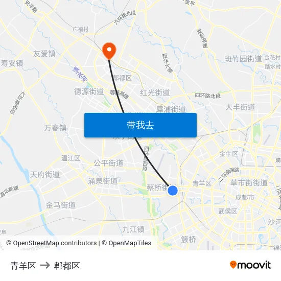 青羊区 to 郫都区 map