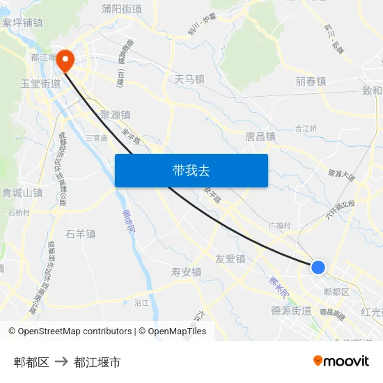 郫都区 to 都江堰市 map