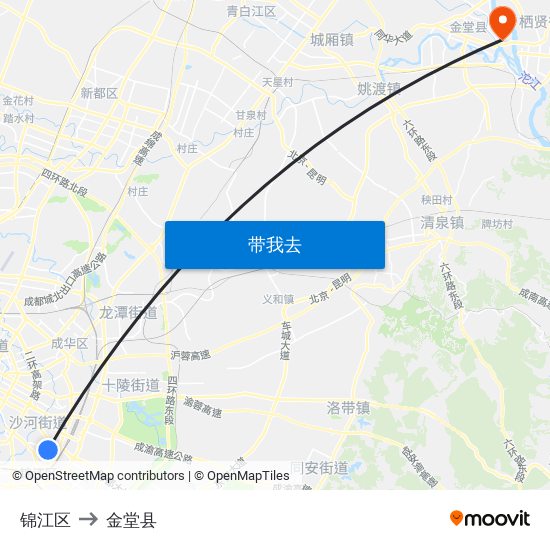 锦江区 to 金堂县 map