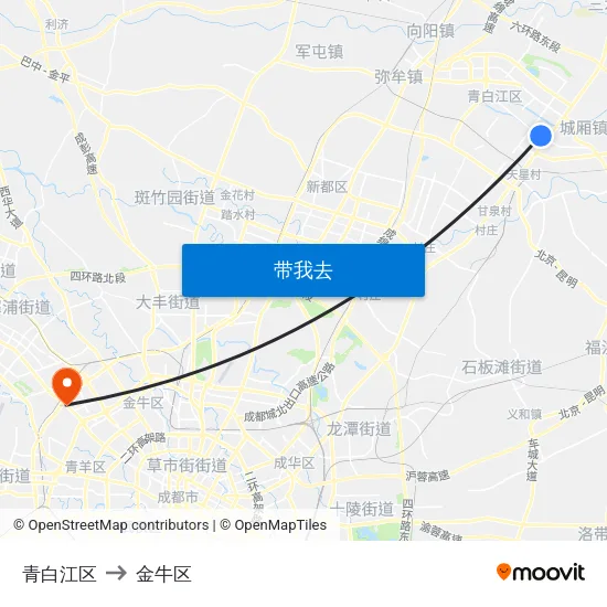 青白江区 to 金牛区 map